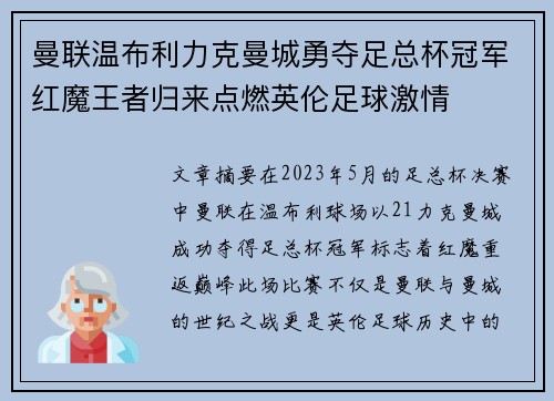 曼联温布利力克曼城勇夺足总杯冠军红魔王者归来点燃英伦足球激情